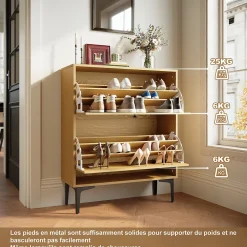 Armoire à Chaussures d'Entrée Blanc SIRHONA 97x30x80cm Meuble de Rangement sur Pied en métal avec 2 Porte à Abattant