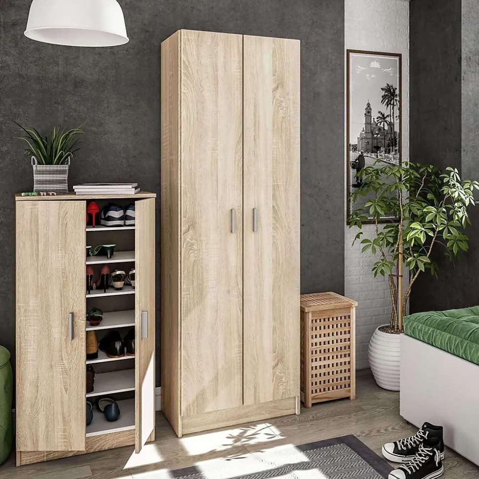 Armoire à chaussures en bois coloris chêne canadien - Dim : H108 x P36 x L55 cm