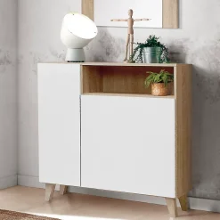 Armoire à chaussures, meuble à chaussures avec 2 portes coloris chêne cambrian, blanc - L. 90 x P. 29 x H. 90 cm