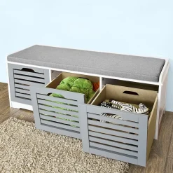 Armoire à Chaussures Moderne avec Coussin d'Assise et 3 Paniers, Blanc-Gris FSR23-HG