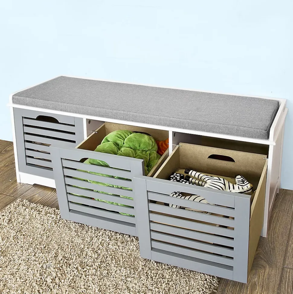 Armoire à Chaussures Moderne avec Coussin d'Assise et 3 Paniers, Blanc-Gris FSR23-HG