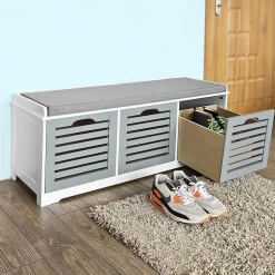 Armoire à Chaussures Moderne avec Coussin d'Assise et 3 Paniers, Blanc-Gris FSR23-HG