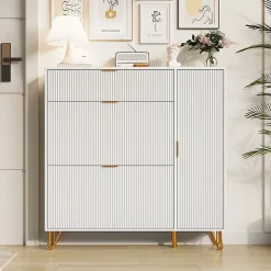 Armoire à chaussures moderne, rangement pratique, étagères réglables, pieds métal stables, surface étanche, 110x24x144.5 cm, blanc
