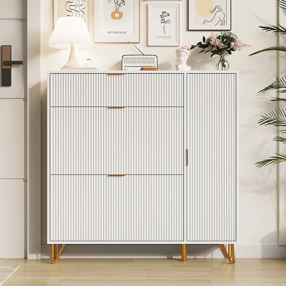 Armoire à chaussures moderne, rangement pratique, étagères réglables, pieds métal stables, surface étanche, 110x24x144.5 cm, blanc