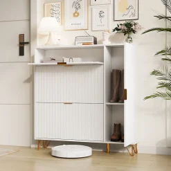 Armoire à chaussures moderne, rangement pratique, étagères réglables, pieds métal stables, surface étanche, 110x24x144.5 cm, blanc