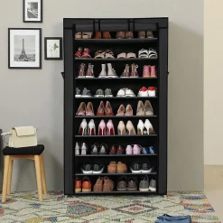Armoire à chaussures noire à 10 niveaux avec housse de protection et fermeture éclair - L88 x H160 cm