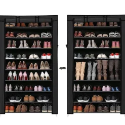 Armoire à chaussures noire à 10 niveaux avec housse de protection et fermeture éclair - L88 x H160 cm
