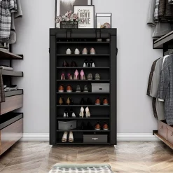 Armoire à chaussures noire à 10 niveaux avec housse de protection et fermeture éclair - L88 x H160 cm