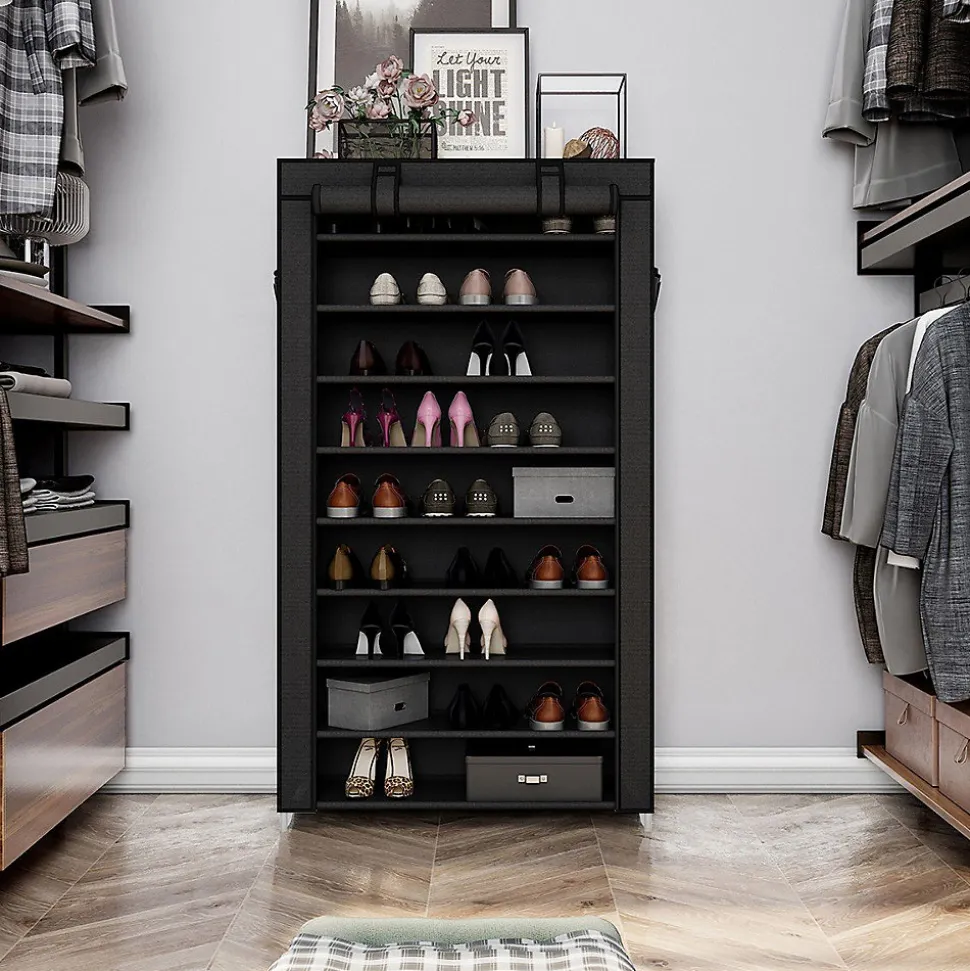 Armoire à chaussures noire à 10 niveaux avec housse de protection et fermeture éclair - L88 x H160 cm
