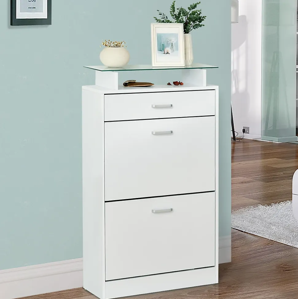 Armoire à chaussures organisateur de luxe pour chaussures 2 portes abattantes 2 compartiments tiroir étagère verre blanc