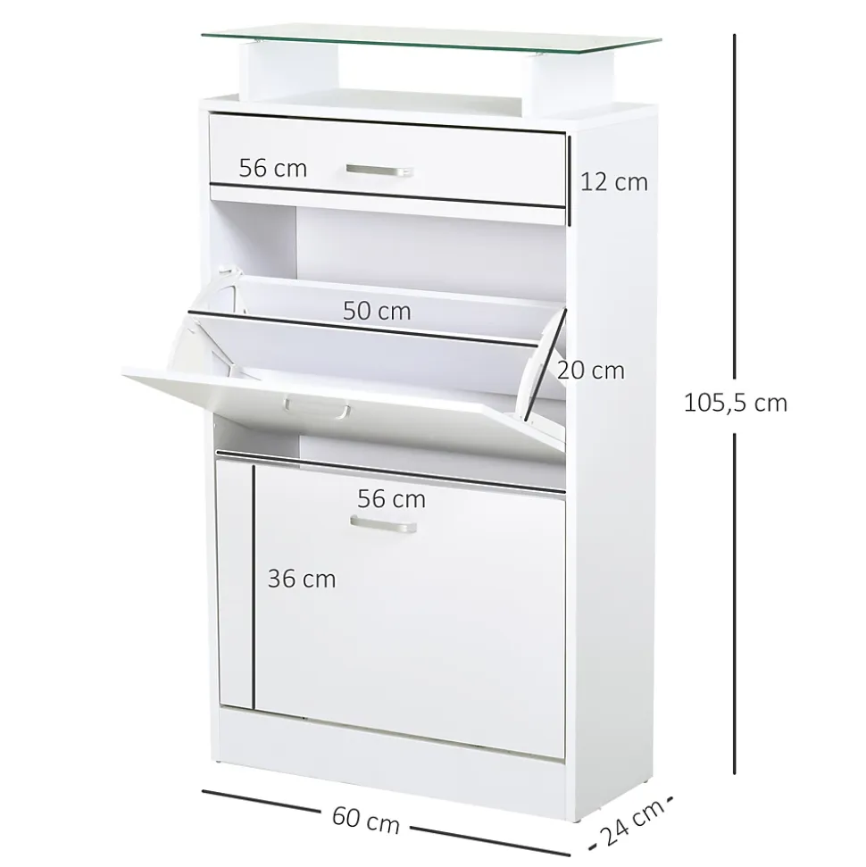 Armoire à chaussures organisateur de luxe pour chaussures 2 portes abattantes 2 compartiments tiroir étagère verre blanc