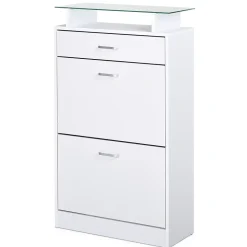 Armoire à chaussures organisateur de luxe pour chaussures 2 portes abattantes 2 compartiments tiroir étagère verre blanc