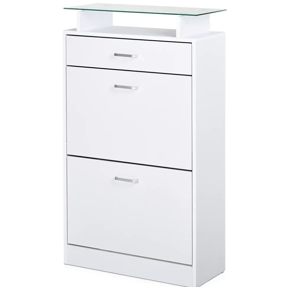 Armoire à chaussures organisateur de luxe pour chaussures 2 portes abattantes 2 compartiments tiroir étagère verre blanc