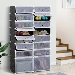 Armoire à chaussures range chaussures L 95 x l 37 x H 160 cm 14 cubes rectangulaires et 2 grands cubes noir et blanc