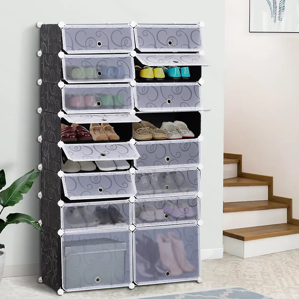 Armoire à chaussures range chaussures L 95 x l 37 x H 160 cm 14 cubes rectangulaires et 2 grands cubes noir et blanc
