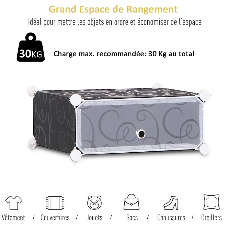 Armoire à chaussures range chaussures L 95 x l 37 x H 160 cm 14 cubes rectangulaires et 2 grands cubes noir et blanc