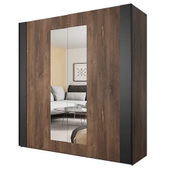 Armoire 200 cm 2 portes coulissantes avec miroirs Chene foncé et noir Collection FOX