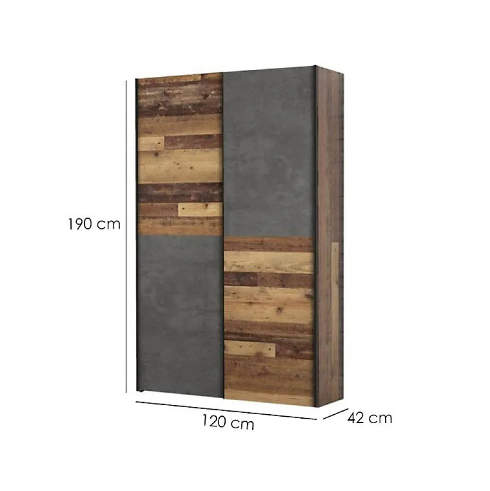 Armoire 120 cm 2 portes coulissantes décor bois vintage béton - MARSO