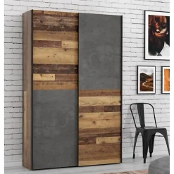 Armoire 120 cm 2 portes coulissantes décor bois vintage béton - MARSO