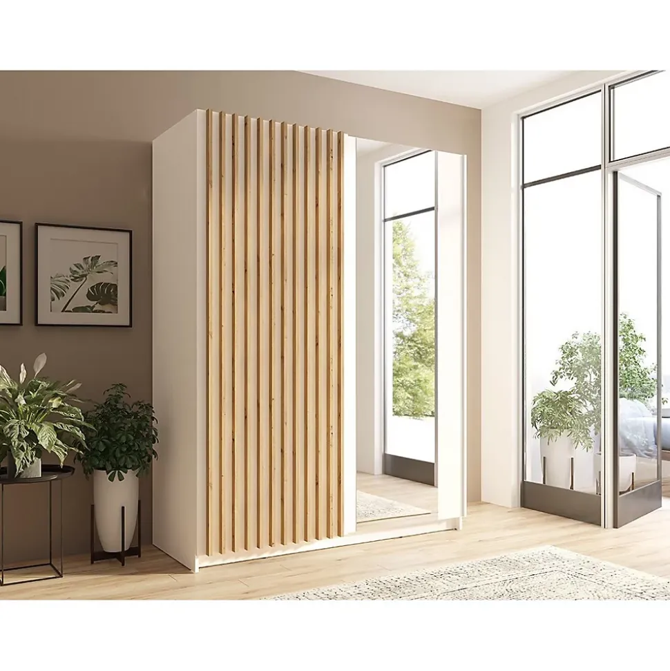 Armoire 150 cm avec 2 portes coulissantes, coloris blanc et chene Collection STRANO