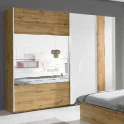 Armoire 250 cm WOOD 2 portes coulissantes avec miroir coloris chene et blanc