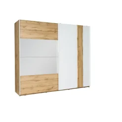 Armoire 250 cm WOOD 2 portes coulissantes avec miroir coloris chene et blanc