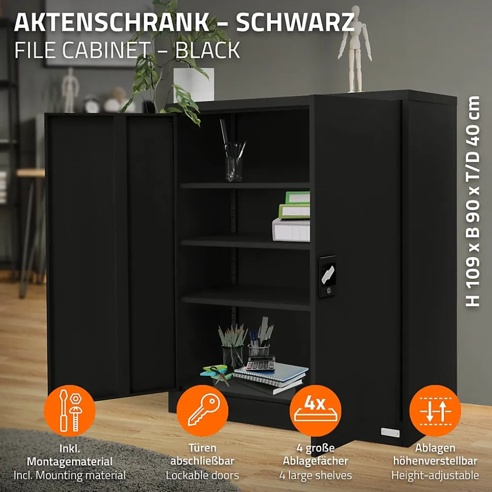 Armoire à Dossiers Verrouillable 90x40x109 cm, Noir, en Acier