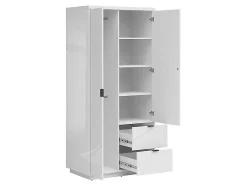 Armoire à double porte avec 2 tiroirs , coloris Blanc brillant/Blanc haute brillance - L. 94 x P. 56,5 x H. 200,5 cm