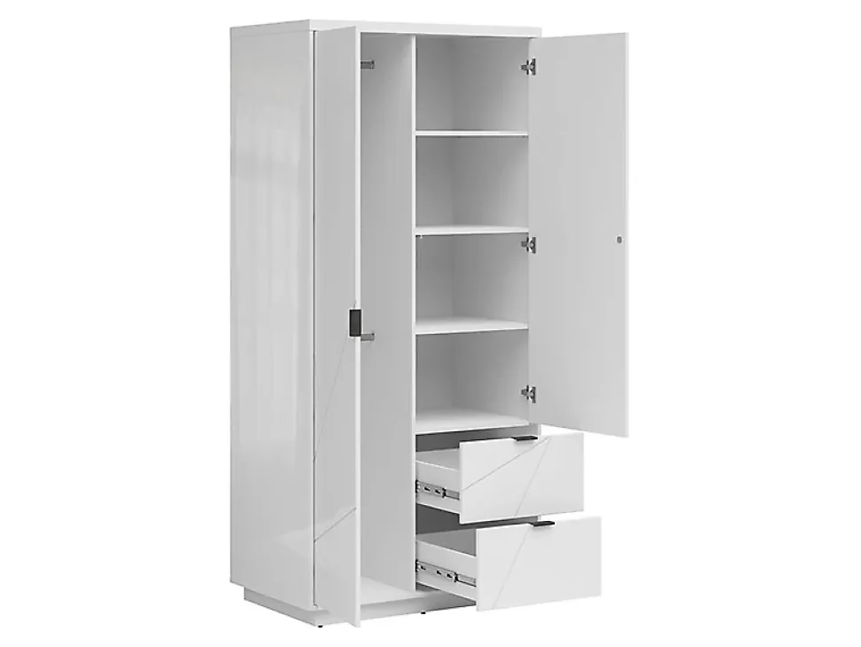 Armoire à double porte avec 2 tiroirs , coloris Blanc brillant/Blanc haute brillance - L. 94 x P. 56,5 x H. 200,5 cm