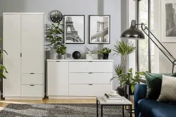 Armoire à double porte avec 2 tiroirs , coloris Blanc brillant/Blanc haute brillance - L. 94 x P. 56,5 x H. 200,5 cm
