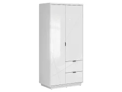 Armoire à double porte avec 2 tiroirs , coloris Blanc brillant/Blanc haute brillance - L. 94 x P. 56,5 x H. 200,5 cm