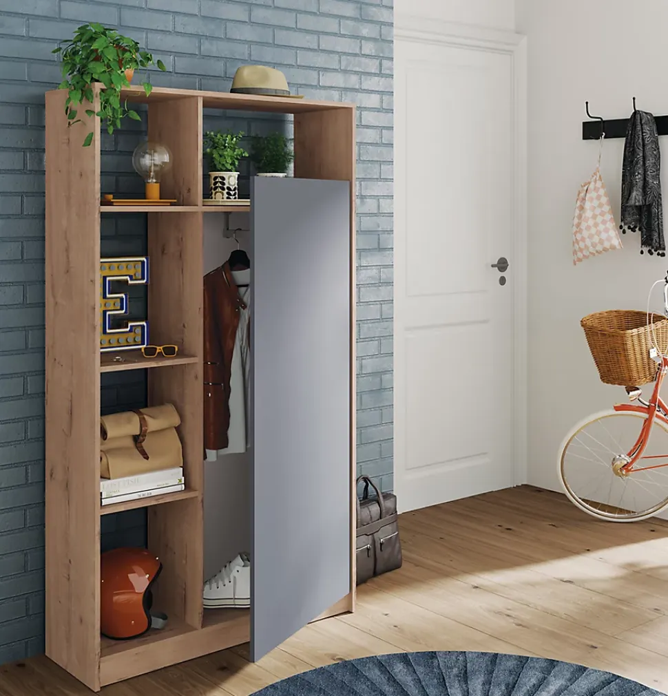 Armoire / meuble de rangement coloris chêne doré/gris - Hauteur 180 x Longueur 100 x Profondeur 35 cm