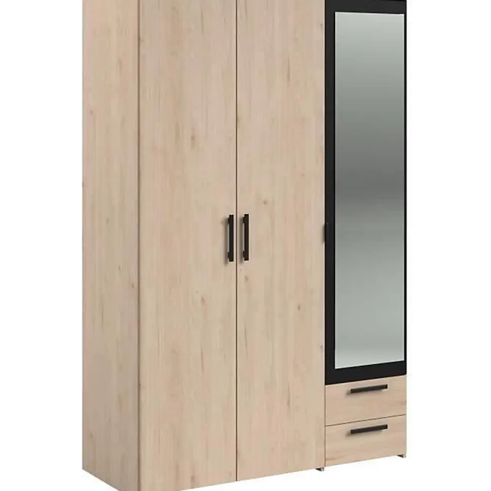 Armoire - Panneau de particules - Décor chene et noir - 3 portes droites - Essentiel - Chambre - 120.3x185x51.7 cm