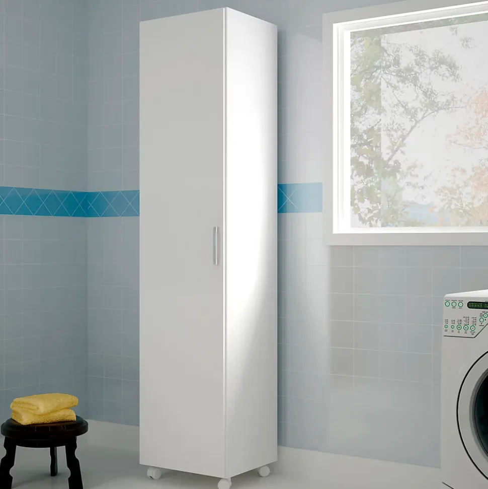 Armoire / placard de rangement avec 1 porte à roulettes coloris blanc - longueur 42 x profondeur 41 x hauteur 183 cm