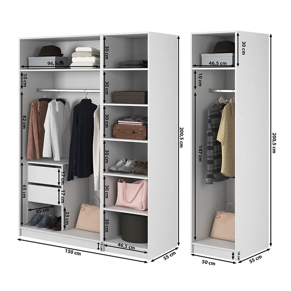 Armoire 4 portes avec 2 tringle et tiroirs 200 cm FRAME grège