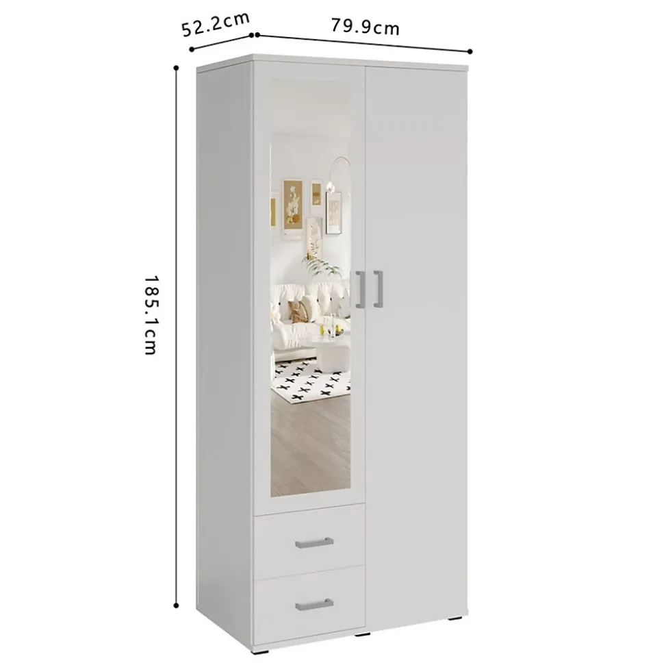 Armoire 2 portes avec miroir TOM Dimensions H185 x L80 x P52 cm Coloris blanc Style design