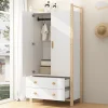 Armoire 2 Portes avec Tiroirs/Penderie, Meuble Chambre Spacieux et Pratique - Bois Massif+MDF, Blanc+Bois, 90x45x180 cm