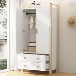 Armoire 2 Portes avec Tiroirs/Penderie, Meuble Chambre Spacieux et Pratique - Bois Massif+MDF, Blanc+Bois, 90x45x180 cm