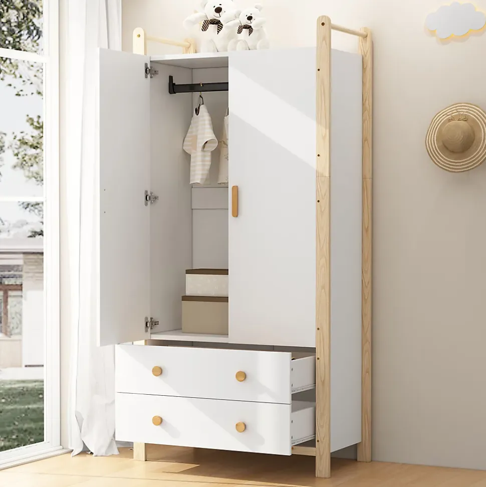 Armoire 2 Portes avec Tiroirs/Penderie, Meuble Chambre Spacieux et Pratique - Bois Massif+MDF, Blanc+Bois, 90x45x180 cm