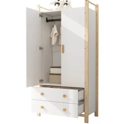 Armoire 2 Portes avec Tiroirs/Penderie, Meuble Chambre Spacieux et Pratique - Bois Massif+MDF, Blanc+Bois, 90x45x180 cm