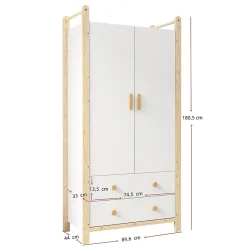 Armoire 2 Portes avec Tiroirs/Penderie, Meuble Chambre Spacieux et Pratique - Bois Massif+MDF, Blanc+Bois, 90x45x180 cm