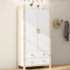Armoire 2 Portes avec Tiroirs/Penderie, Meuble Chambre Spacieux et Pratique - Bois Massif+MDF, Blanc+Bois, 90x45x180 cm