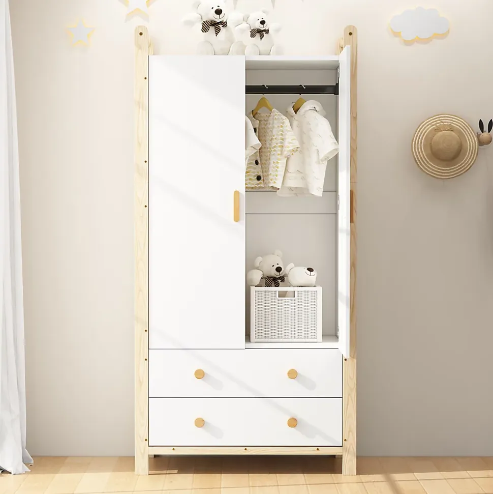 Armoire 2 Portes avec Tiroirs/Penderie, Meuble Chambre Spacieux et Pratique - Bois Massif+MDF, Blanc+Bois, 90x45x180 cm
