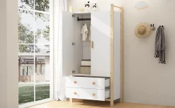 Armoire 2 Portes avec Tiroirs/Penderie, Meuble Chambre Spacieux et Pratique - Bois Massif+MDF, Blanc+Bois, 90x45x180 cm