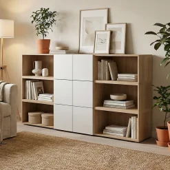 Armoire 6 portes battantes gris clair et effet chêne GoodHome Atomia H. 112 x L. 225 x P. 35 cm