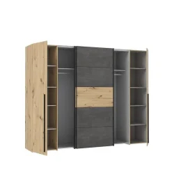 Armoire 2 portes battantes + 2 portes coulissantes - Decor chene artisan et beton gris - L 270,3 x P 61,2 x H 210 cm - NARAGO