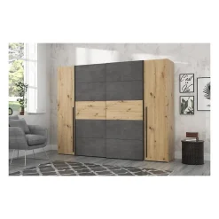 Armoire 2 portes battantes + 2 portes coulissantes - Decor chene artisan et beton gris - L 270,3 x P 61,2 x H 210 cm - NARAGO