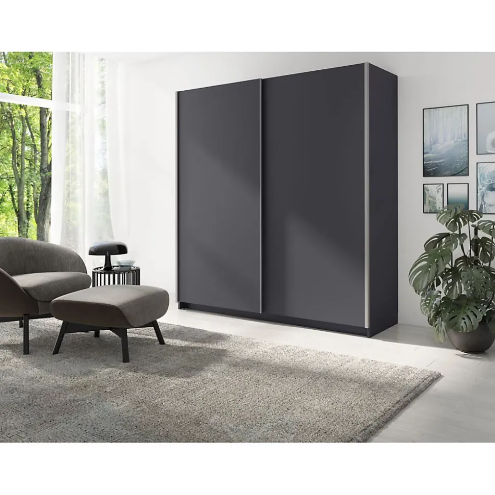 Armoire 2 portes coulissantes - Collection GOZU - Coloris gris graphite - 180 x 198 x 62 cm
