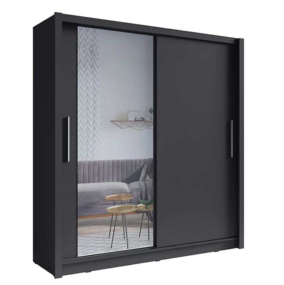 Armoire 2 portes coulissantes avec miroir - 205 cm - gris graphite - collection OZZULA