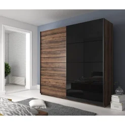 Armoire 2 portes coulissantes 200cm couleur chene foncé et noir. Collection FLOYD